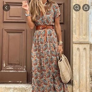 Spring Paisley Print Maxi Dress with belt